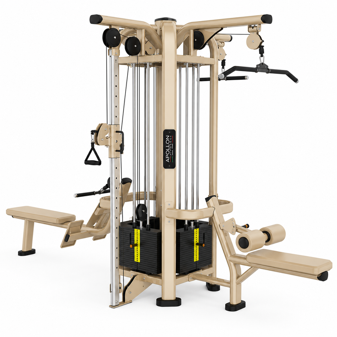 Apollon Fitness 4 Station Multistation Model 4 – profesionalna multifunkcionalna sprava sa 4 radne stanice, kablovskim sistemom i vratilom za zgibove.
