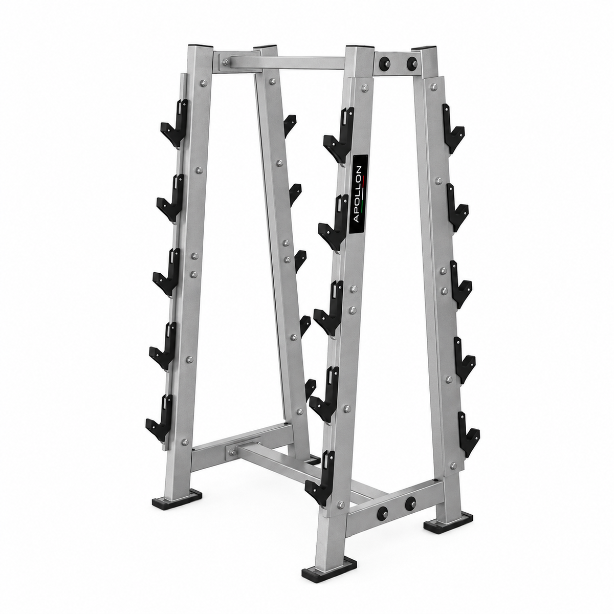 Apollon Fitness Barbell Rack – profesionalni dvostrani stalak za olimpijske šipke sa više nosača za pregledno i organizovano odlaganje.
