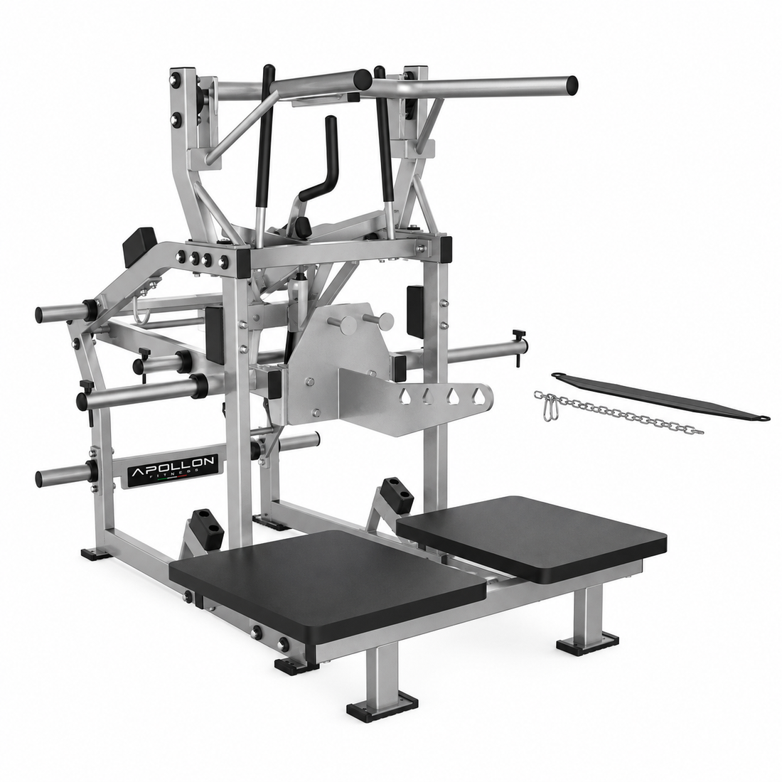 Apollon Fitness Belt Squat – profesionalna plate-loaded sprava za čučanj sa pojasom, velikim platformama za stopala i polužnim sistemom za trening nogu i gluteusa.
