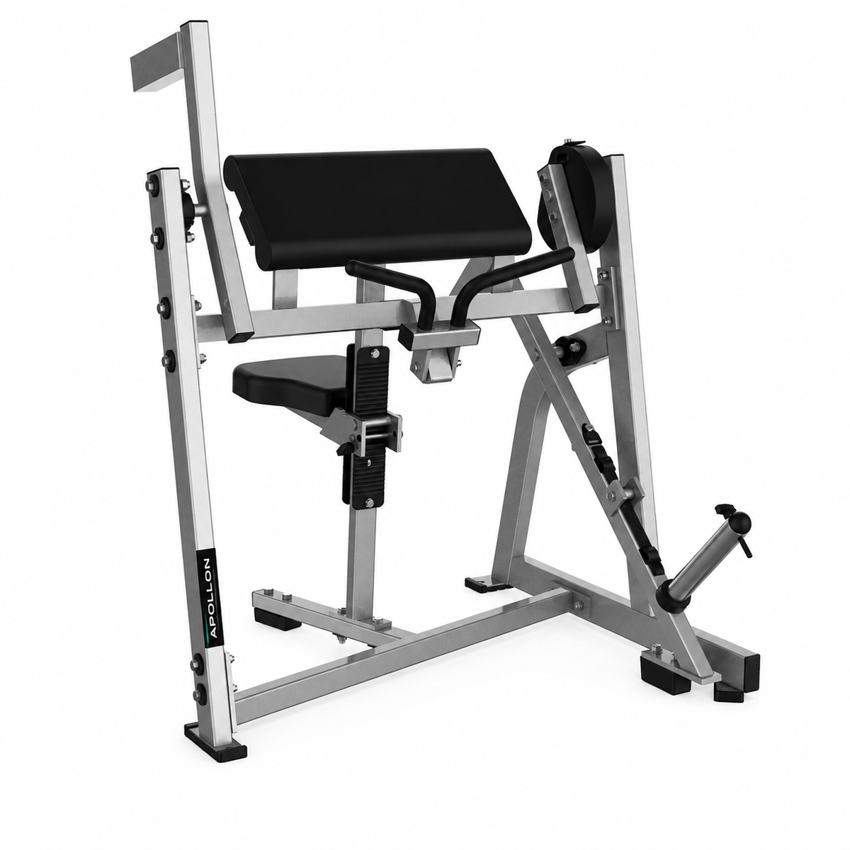Apollon Fitness Biceps Curl – profesionalna plate-loaded sprava za biceps sa tapaciranim osloncem za nadlaktice i ručkama za kontrolisani pregib.
