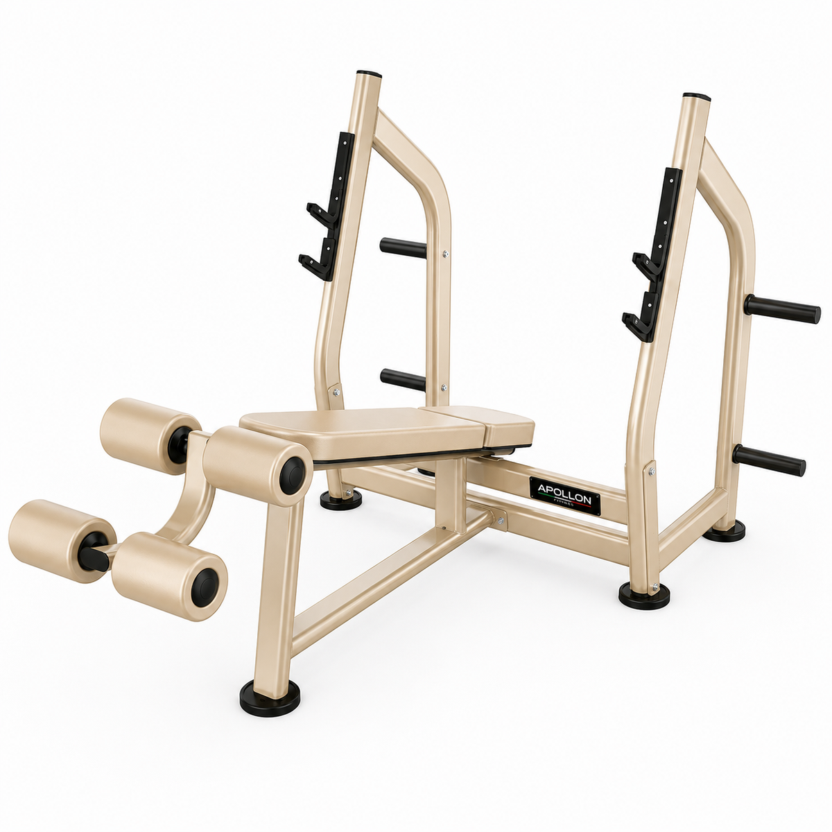 Olimpijska decline klupa Olympic Decline Bench za bench press sa nosačima za šipku, osloncima za noge i držačima za tegove.
