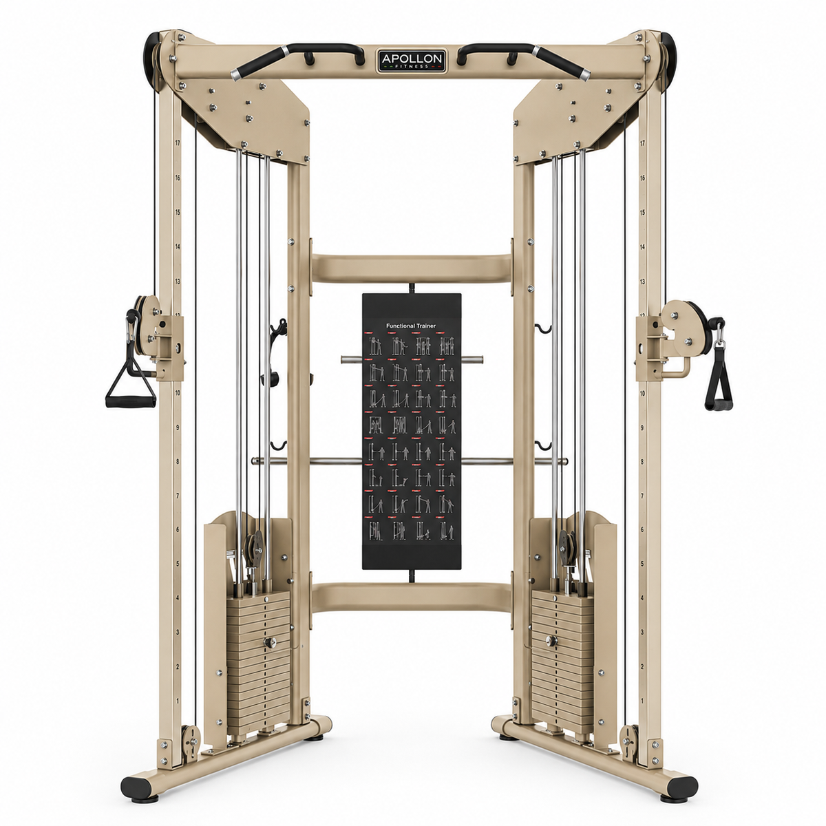 Funkcionalni trenažer DAP Functional Trainer Apollon Fitness sa dve nezavisne podesive sajle i vratilom za zgibove za profesionalne teretane i fitnes centre.
