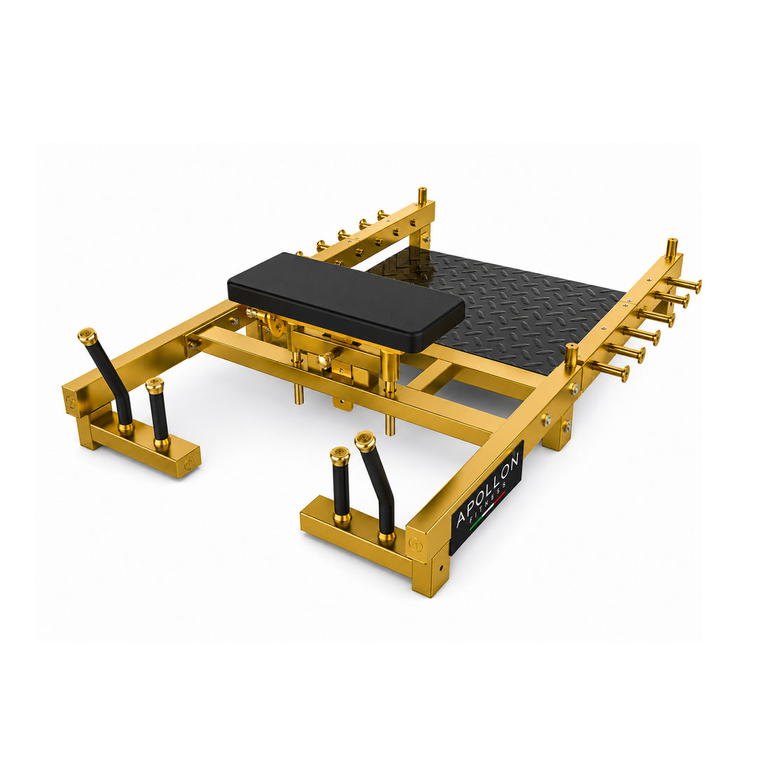Apollon Fitness Hip Thrust sprava za gluteus sa zlatnom konstrukcijom, crnim tapaciranim osloncem i velikom platformom za stopala.