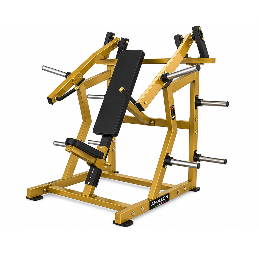 Apollon Fitness Incline Chest Press kosa presa za grudi sa zlatnom konstrukcijom, crnim sedištem i kosim naslonom, namenjena treningu gornjeg dela grudi, ramena i tricepsa.

