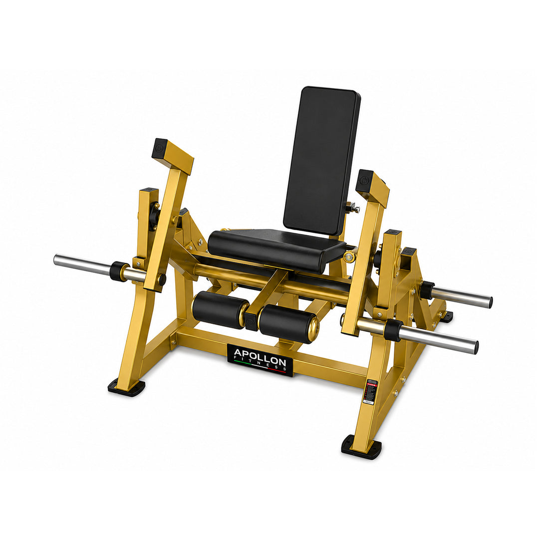 Apollon Fitness Iso-Lateral Leg Extension sprava za kvadriceps sa zlatnom konstrukcijom, crnim sedištem i nezavisnim polugama, namenjena profesionalnom treningu i razvoju mišića prednje strane butina.
