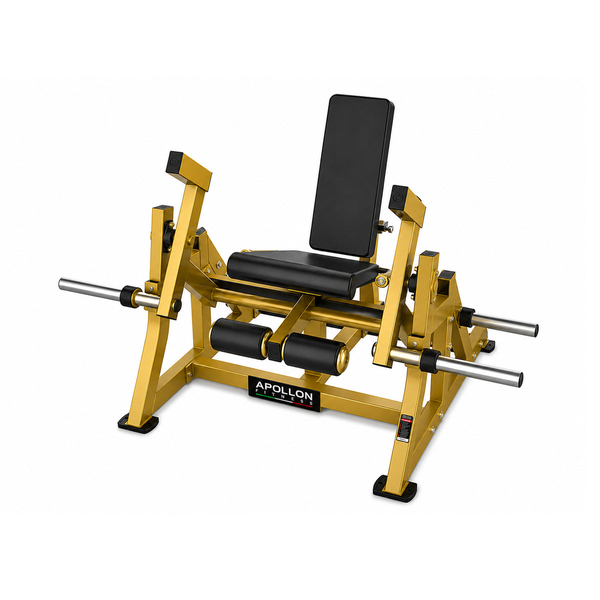 Apollon Fitness Iso-Lateral Leg Extension sprava za kvadriceps sa zlatnom konstrukcijom, crnim sedištem i nezavisnim polugama, namenjena profesionalnom treningu i razvoju mišića prednje strane butina.
