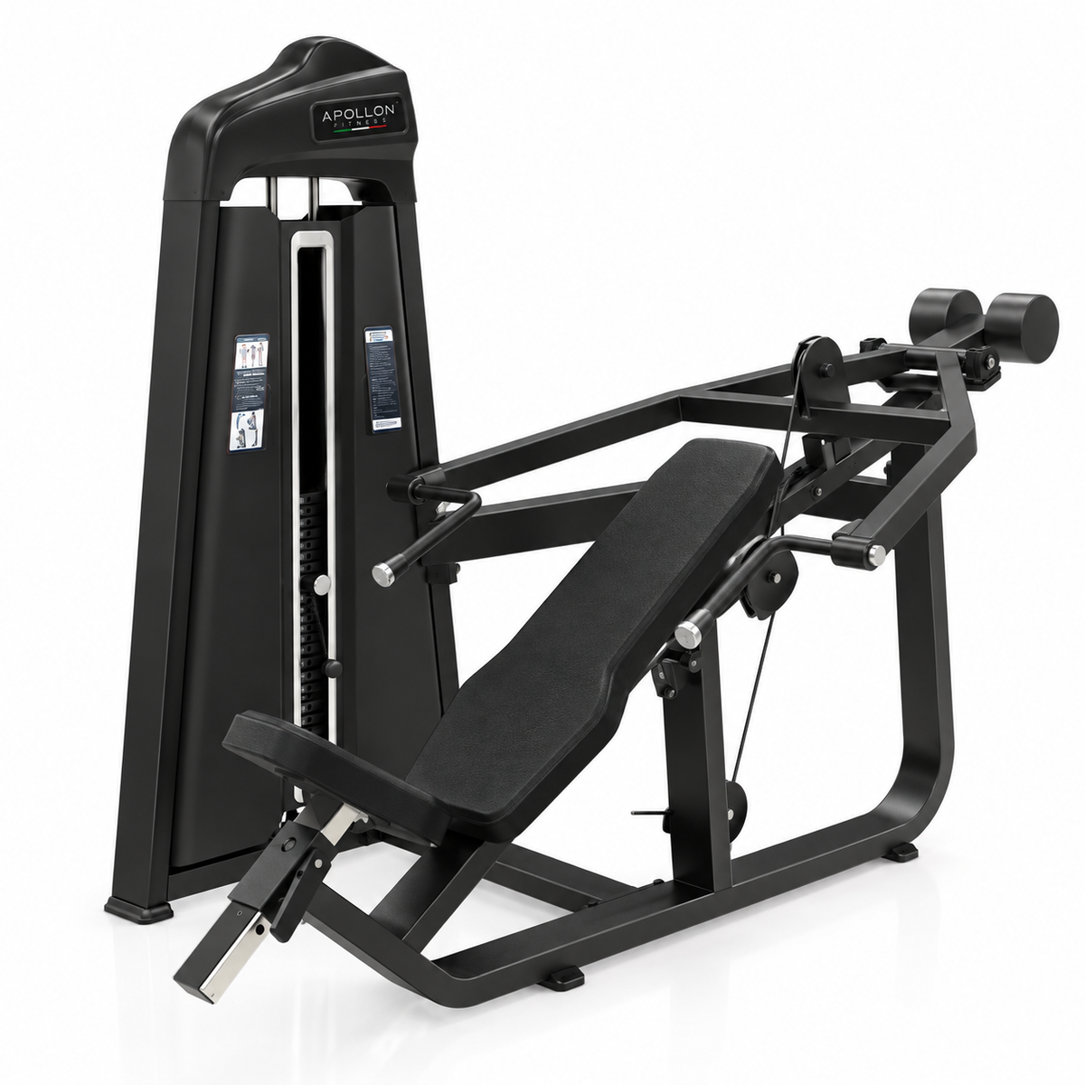 Kosa presa za grudi – Incline Chest Press Apollon Fitness, profesionalna sprava sa crnom konstrukcijom, blokom tegova, kosim tapaciranim naslonom i ručkama za potisak.
