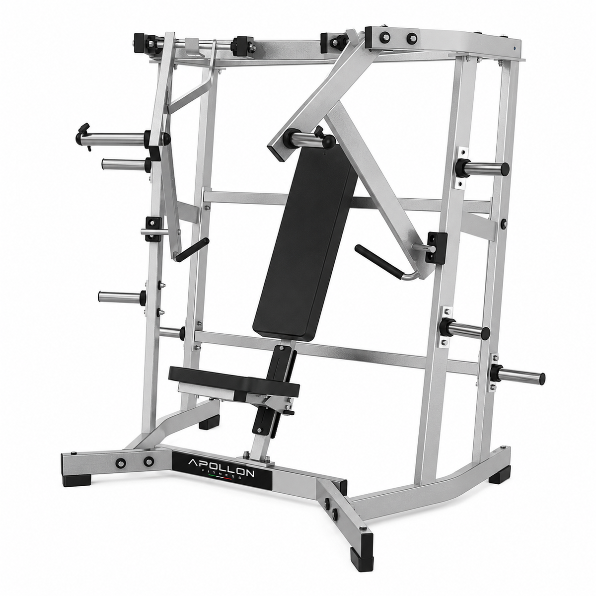 Apollon Fitness Lateral Wide Chest Press – profesionalna plate-loaded sprava za grudi sa nezavisnim polugama, širokom putanjom potiska i podesivim sedištem.
