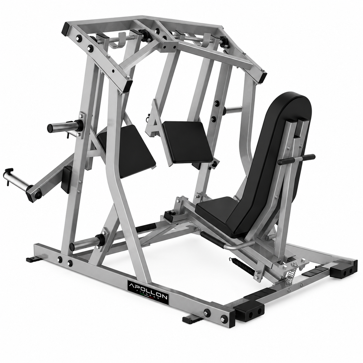 Apollon Fitness Leg Press – profesionalna plate-loaded sprava za potisak nogama sa odvojenim platformama za stopala, polužnim sistemom i stabilnim naslonom.
