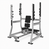 Military presa za ramena sa sedištem, naslonom i višepozicionim nosačima za šipku – Military Shoulder Press za trening ramena sa slobodnim tegovima.

