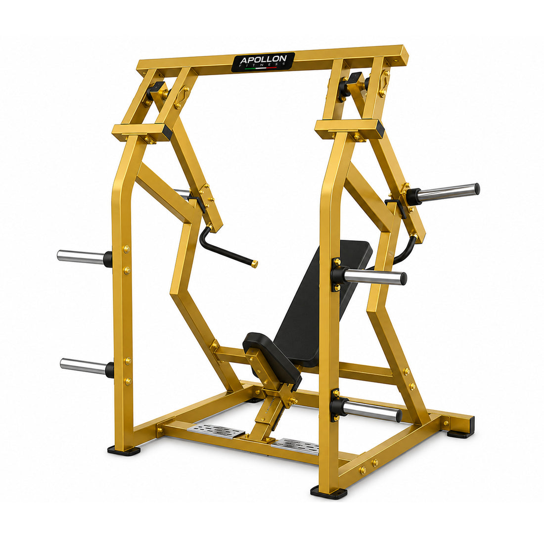 Apollon Fitness Military Press / Leverage Shoulder Press sprava za ramena sa zlatnom konstrukcijom, crnim sedištem i naslonom, namenjena treningu ramena i tricepsa.
