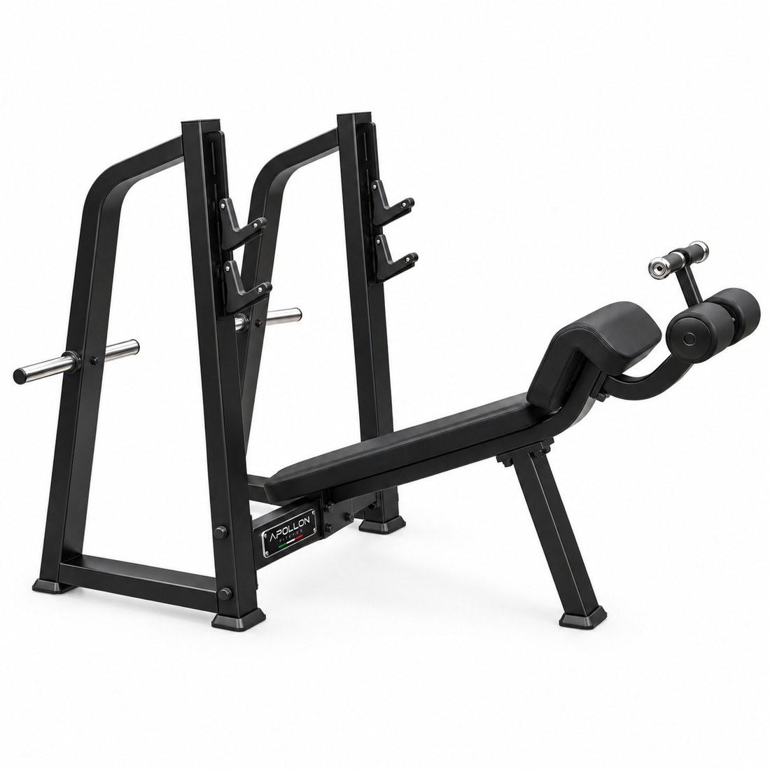 Olimpijska kosa klupa za potisak Olympic Decline Bench Apollon Fitness sa stalkom za šipku i osloncima za noge.