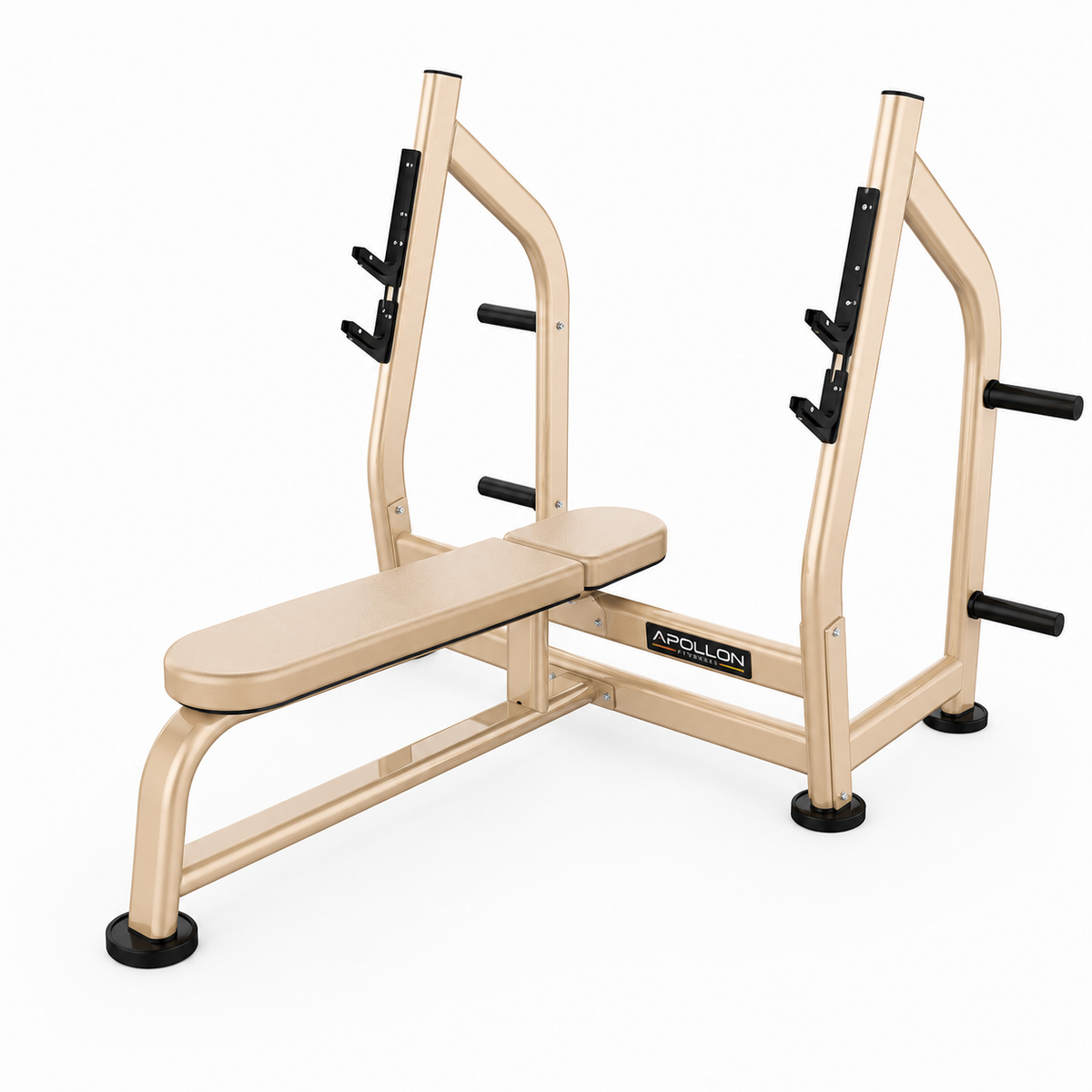 Olimpijska ravna klupa Olympic Flat Bench za bench press sa nosačima za šipku i držačima za tegove, namenjena treningu grudi, tricepsa i ramena.
