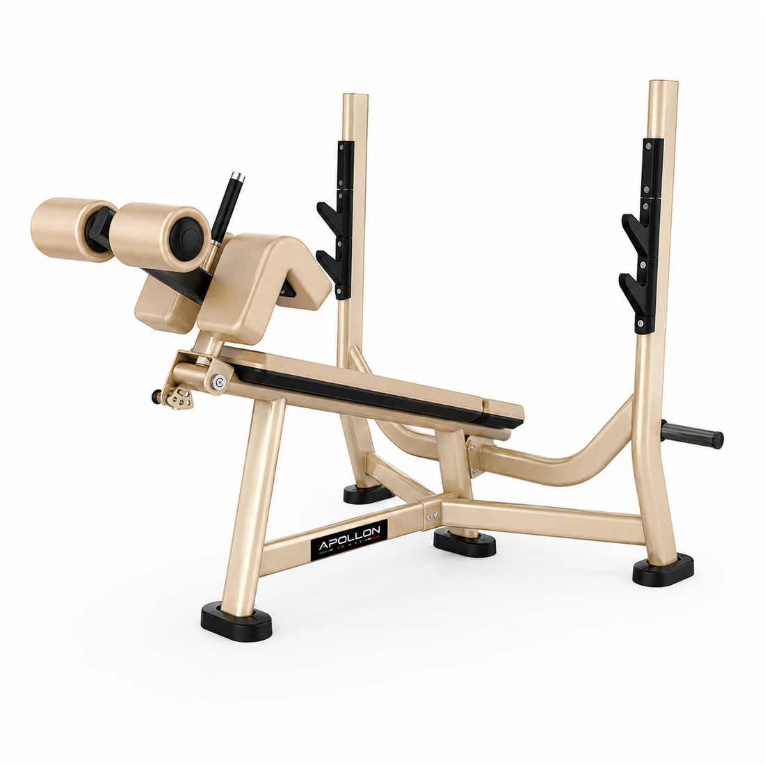 Podesiva olimpijska decline klupa Adjustable Olympic Decline Bench za bench press sa nosačima za šipku i podesivim osloncima za noge.
