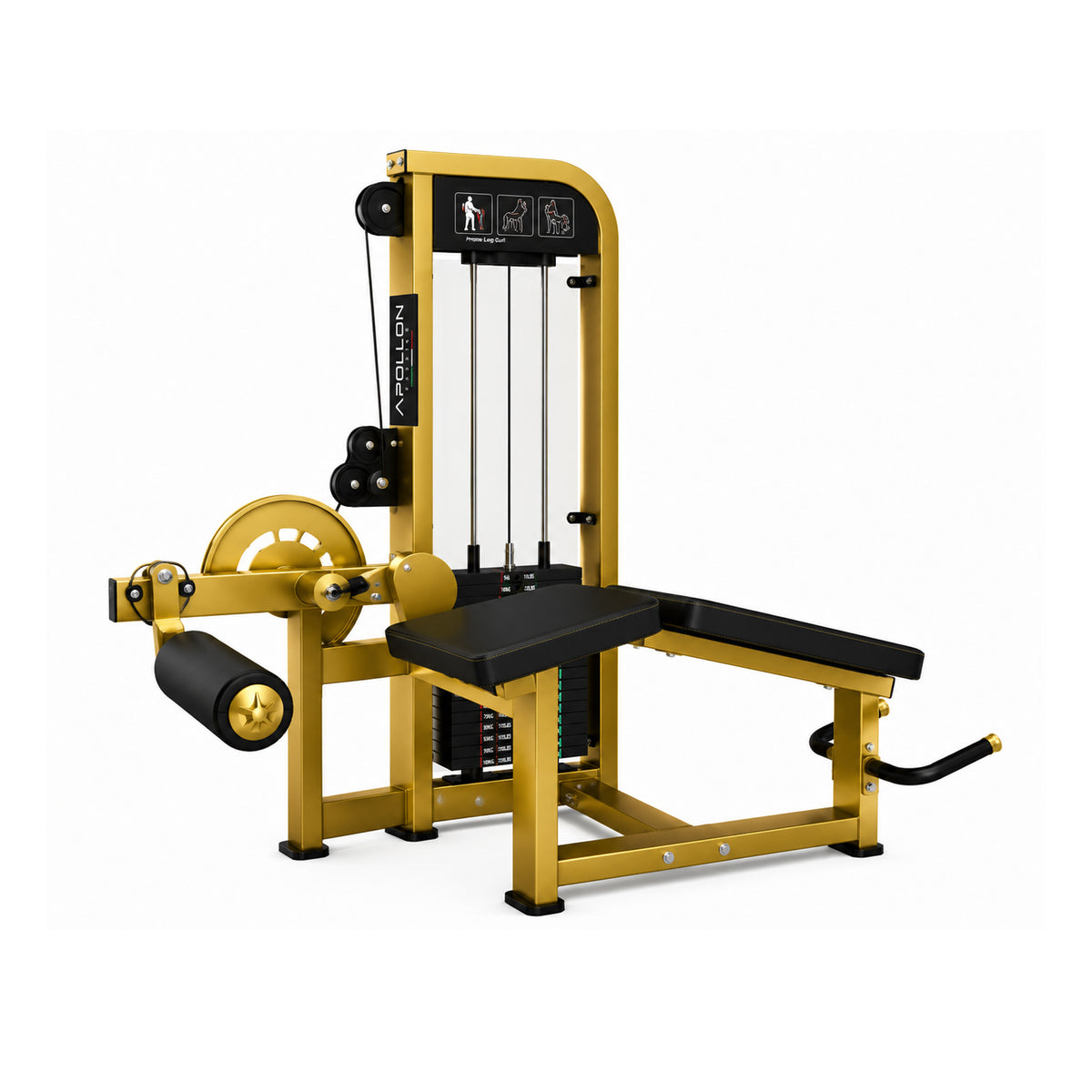 Apollon Fitness Prone Leg Curl – profesionalna ležeća sprava za zadnju ložu sa težinskim blokovima, za teretane i fitnes centre.
