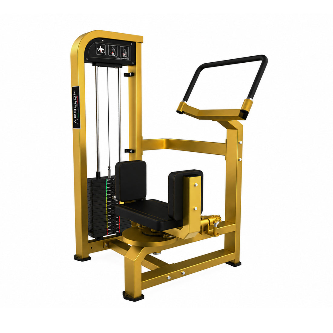 Apollon Fitness Rotary Torso sprava za rotaciju trupa sa težinskim blokovima, zlatnom konstrukcijom i crnim tapaciranim sedištem, namenjena treningu kosih trbušnih mišića i jačanju core muskulature.
