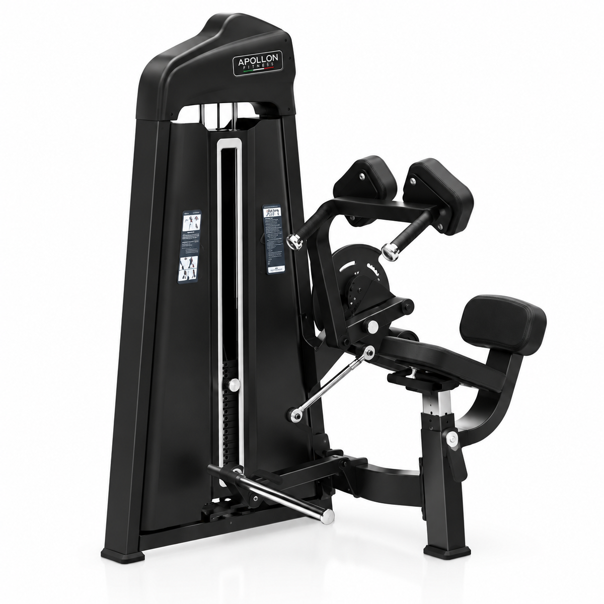 Sprava za trbušnjake – Abdominal Isolator Apollon Fitness, profesionalna sprava sa crnom konstrukcijom, blokom tegova, tapaciranim sedištem i osloncima za ramena.