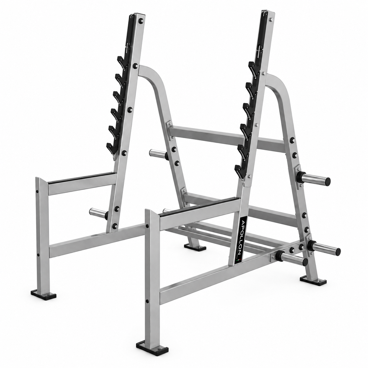 Apollon Fitness Squat Rack – profesionalni stalak za čučanj sa više pozicija za olimpijsku šipku, sigurnosnim osloncima i nosačima za tegove.
