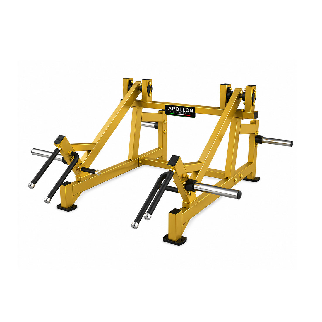 Apollon Fitness Squat Lunge sprava za čučanj i iskorak sa zlatnom konstrukcijom, nezavisnim polugama i više pozicija za hvat, namenjena treningu kvadricepsa, gluteusa i zadnje lože.
