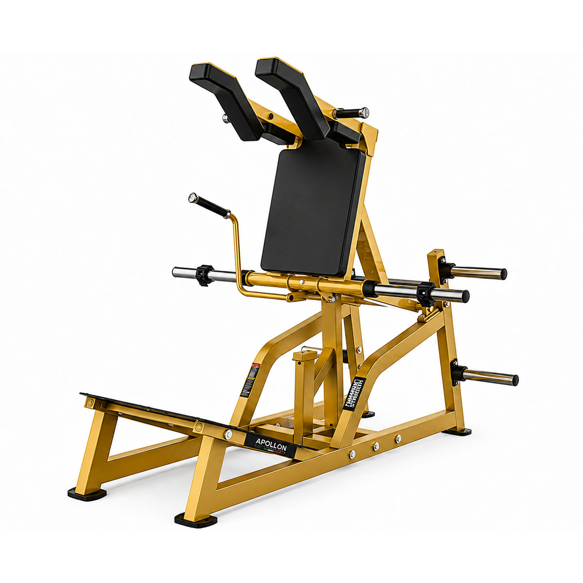 Apollon Fitness V-Squat / Super Squat sprava za čučanj sa zlatnom konstrukcijom, crnim naslonom i osloncima za ramena, namenjena treningu nogu i gluteusa.