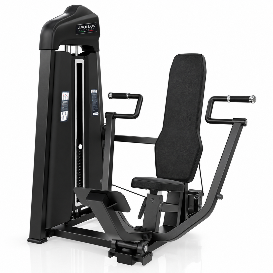 Vertikalna presa za grudi – Vertical Press Apollon Fitness, profesionalna sprava sa blokom tegova, crnom konstrukcijom i tapaciranim sedištem i naslonom.