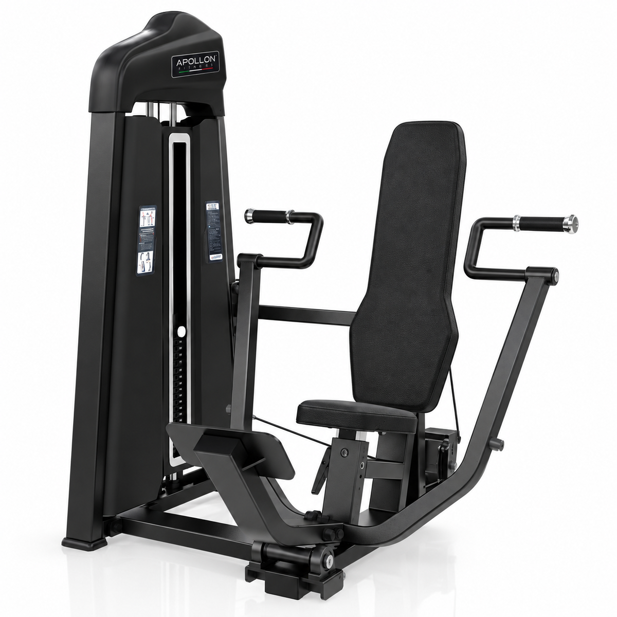 Vertikalna presa za grudi – Vertical Press Apollon Fitness, profesionalna sprava sa blokom tegova, crnom konstrukcijom i tapaciranim sedištem i naslonom.